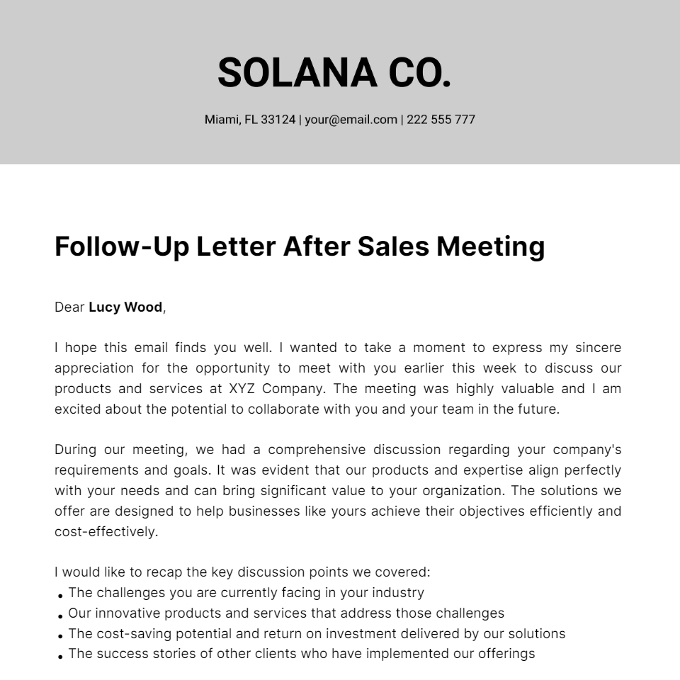Free Professional Follow Up Letter After Sales Meeting Template To Edit Online