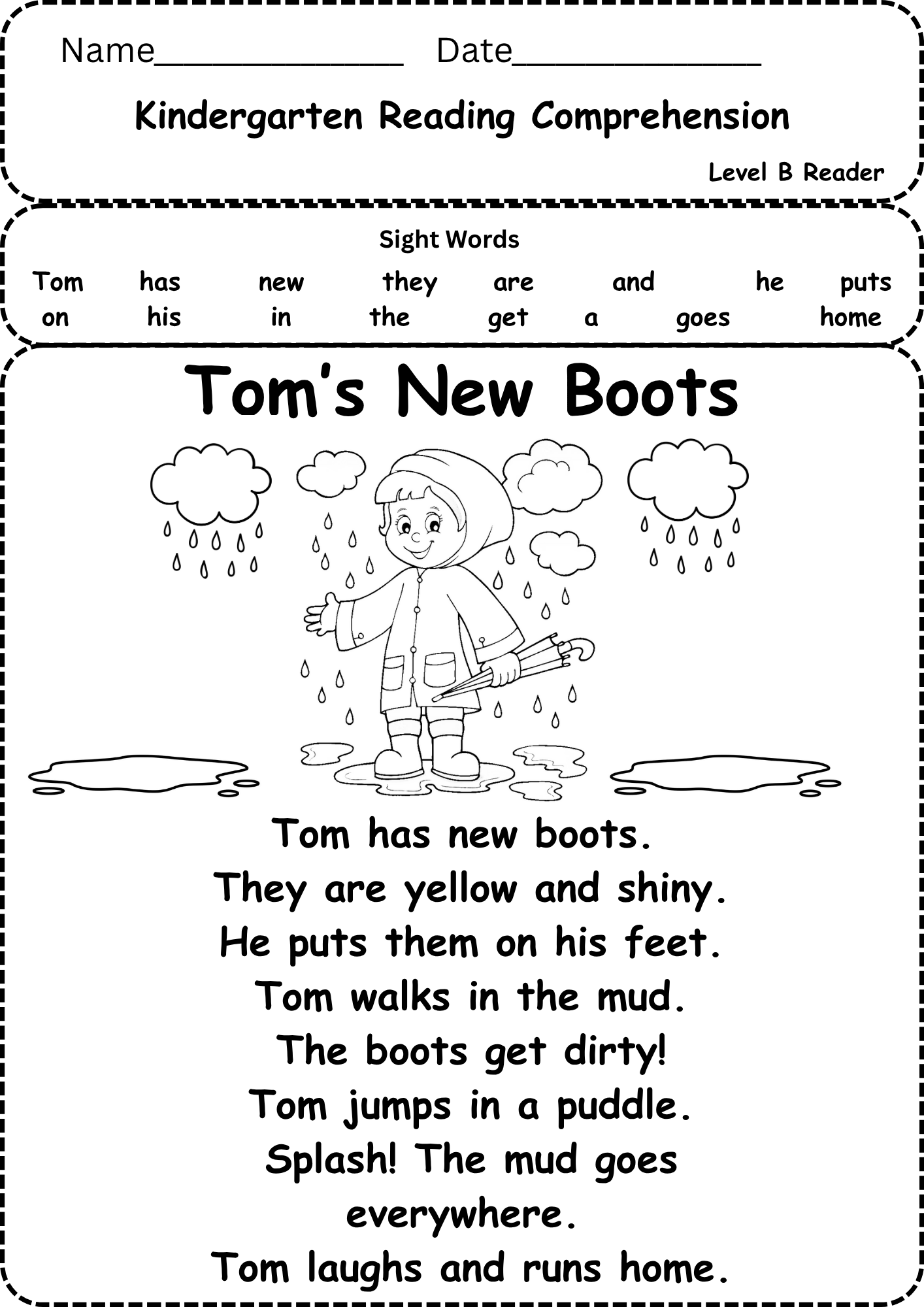 Free Reading Comprehension Kindergarten Level B Tom s New Boots