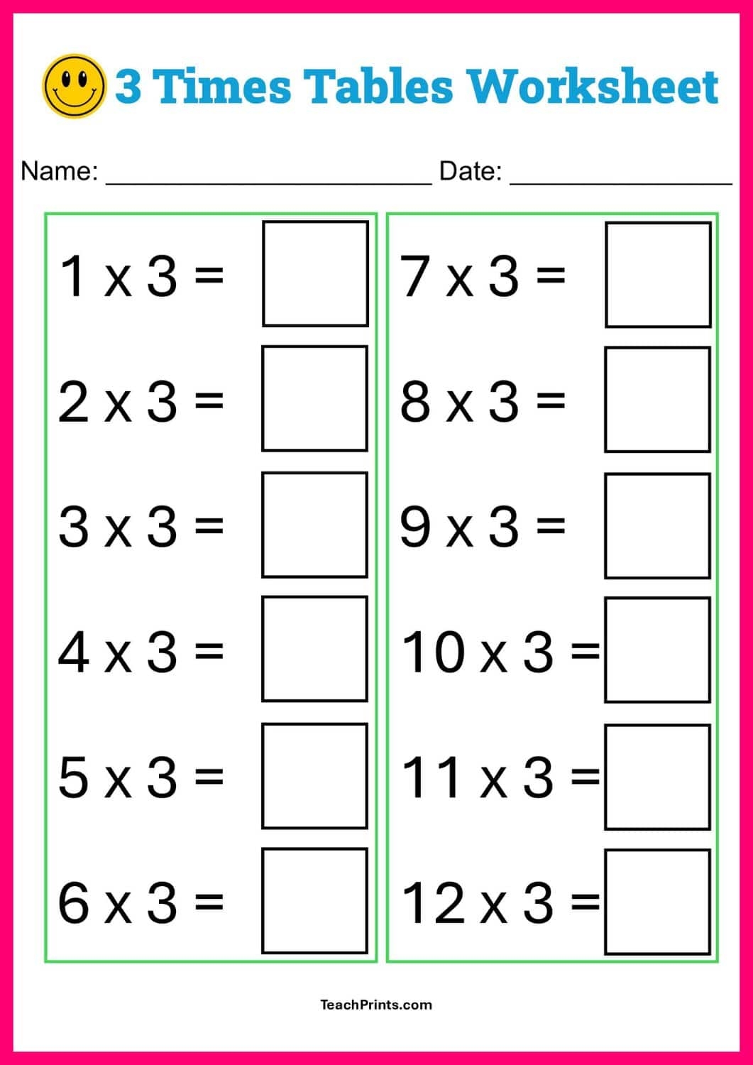Free Three Times Tables Worksheets 8 Versions Teach Prints