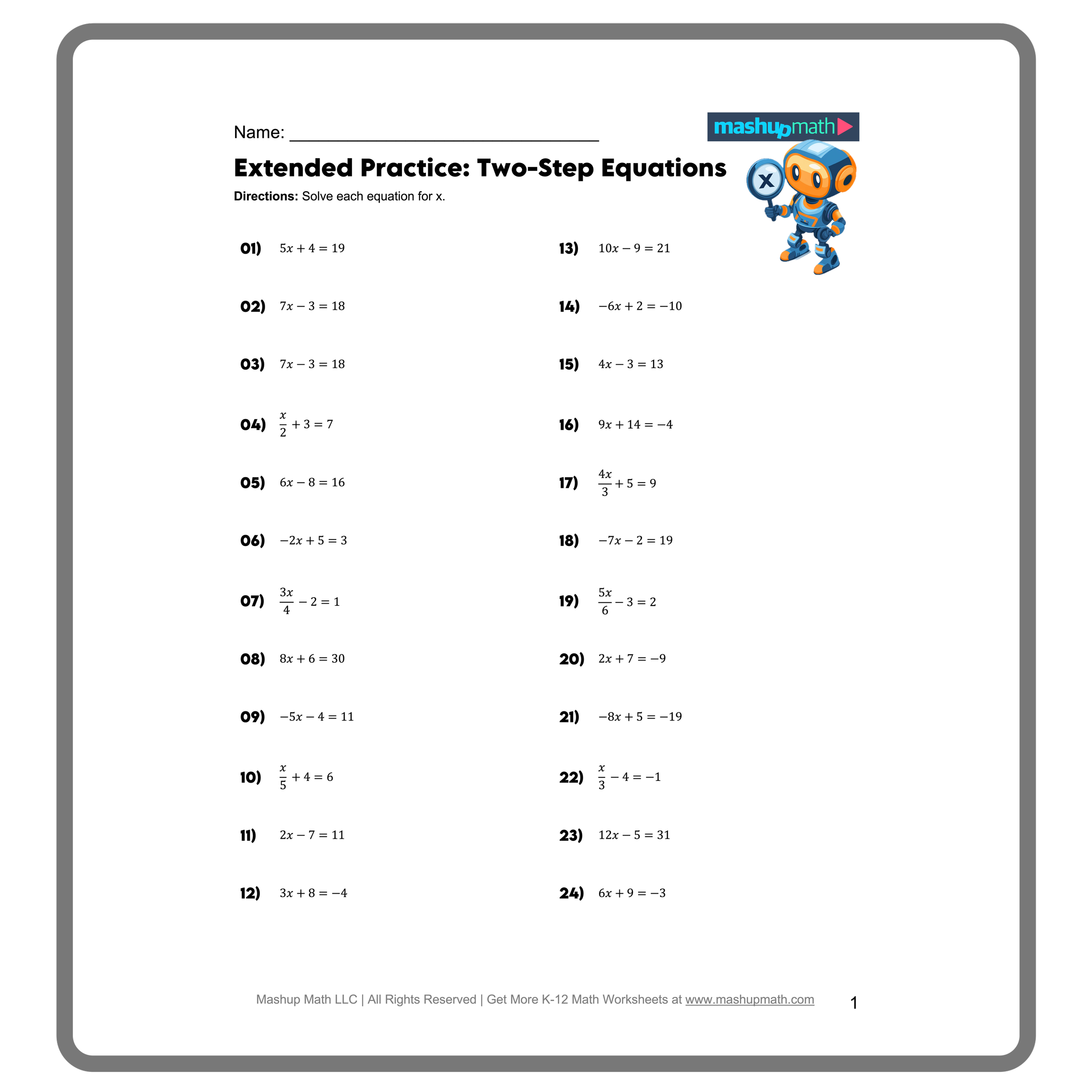 two step equations worksheet