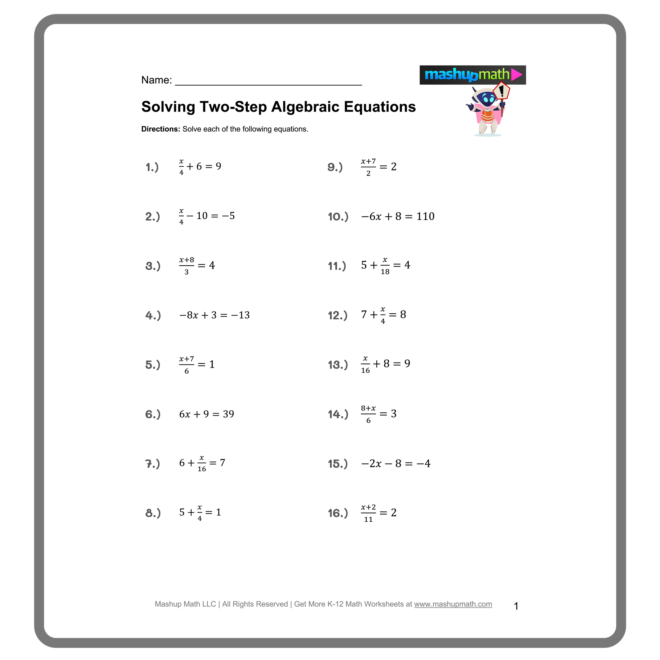 Free Two Step Equations Worksheets Mashup Math