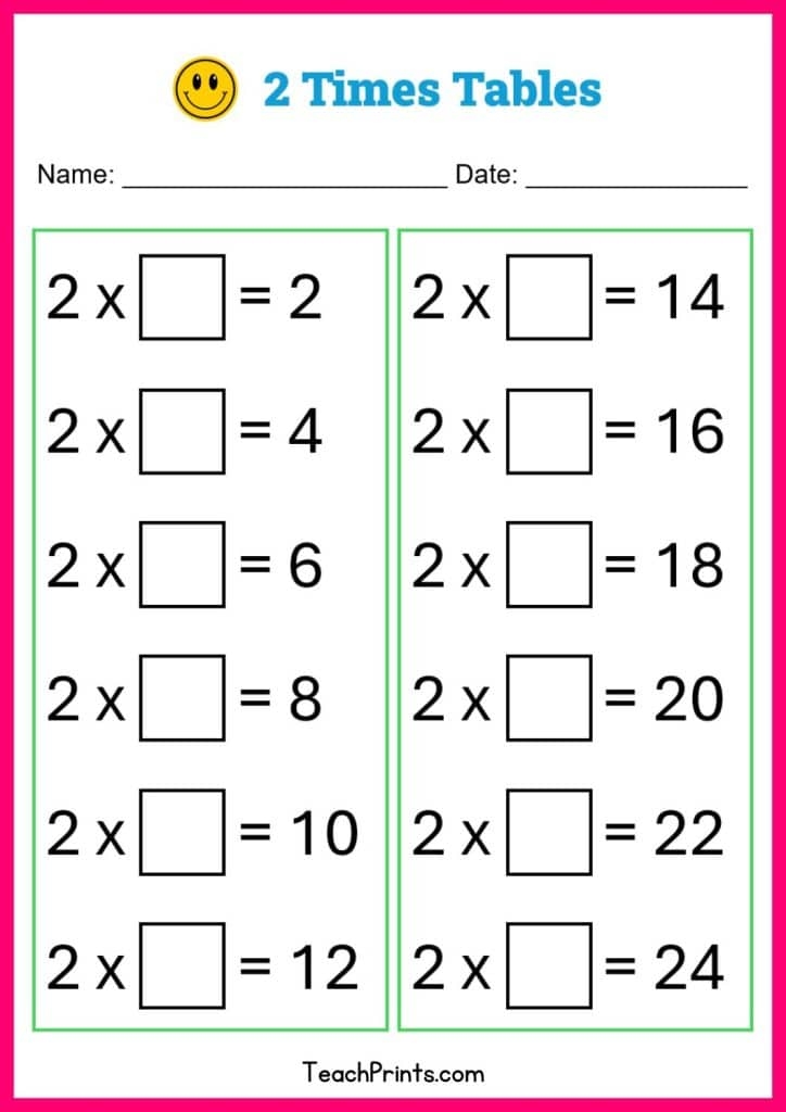 2 times table worksheet printable