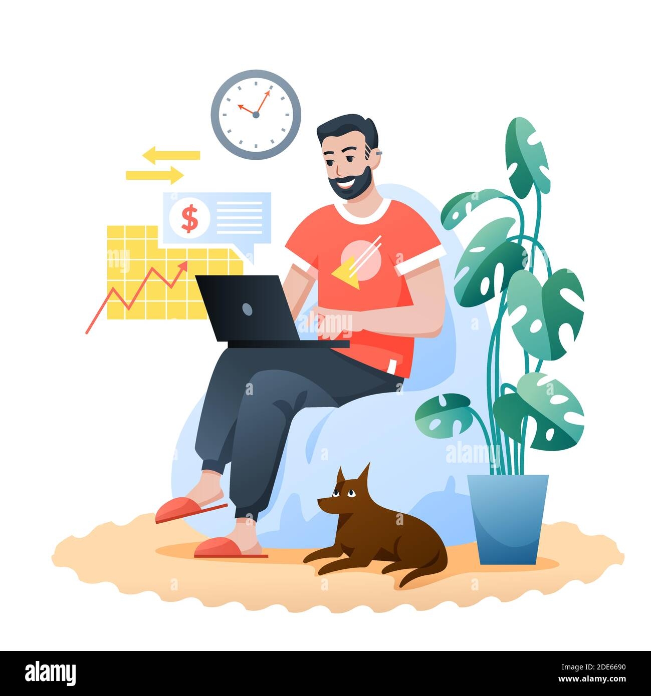 Freelance Home Work Flat Vector Illustration Cartoon Bearded Happy Hipster Sitting In Modern Armchair Man Freelancer Character Working At Home Stock Vector Image Art Alamy