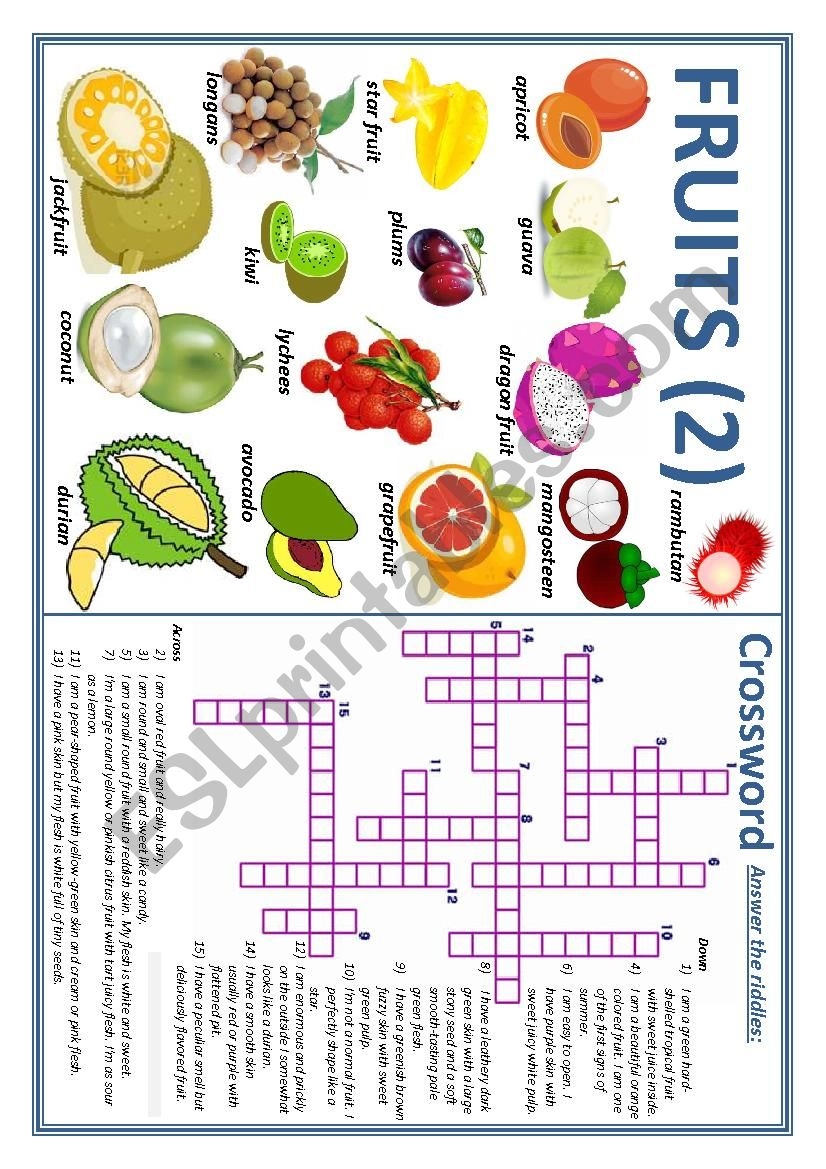 Fruits 2 Crossword And Riddle ESL Worksheet By Malyn