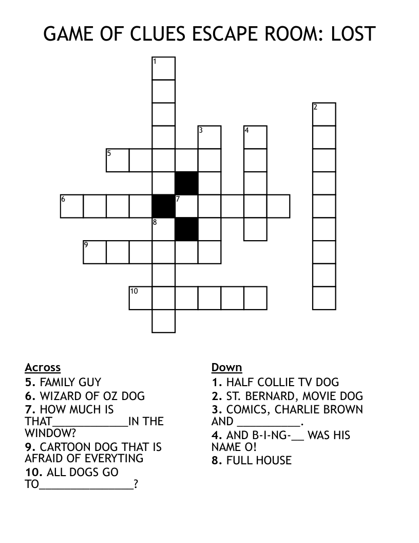 GAME OF CLUES ESCAPE ROOM LOST Crossword WordMint