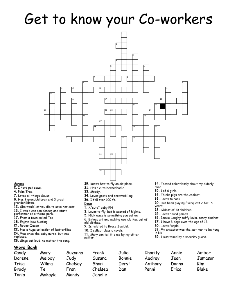 Get To Know Your Co workers Crossword WordMint Get To Know Your Co workers Crossword WordMint