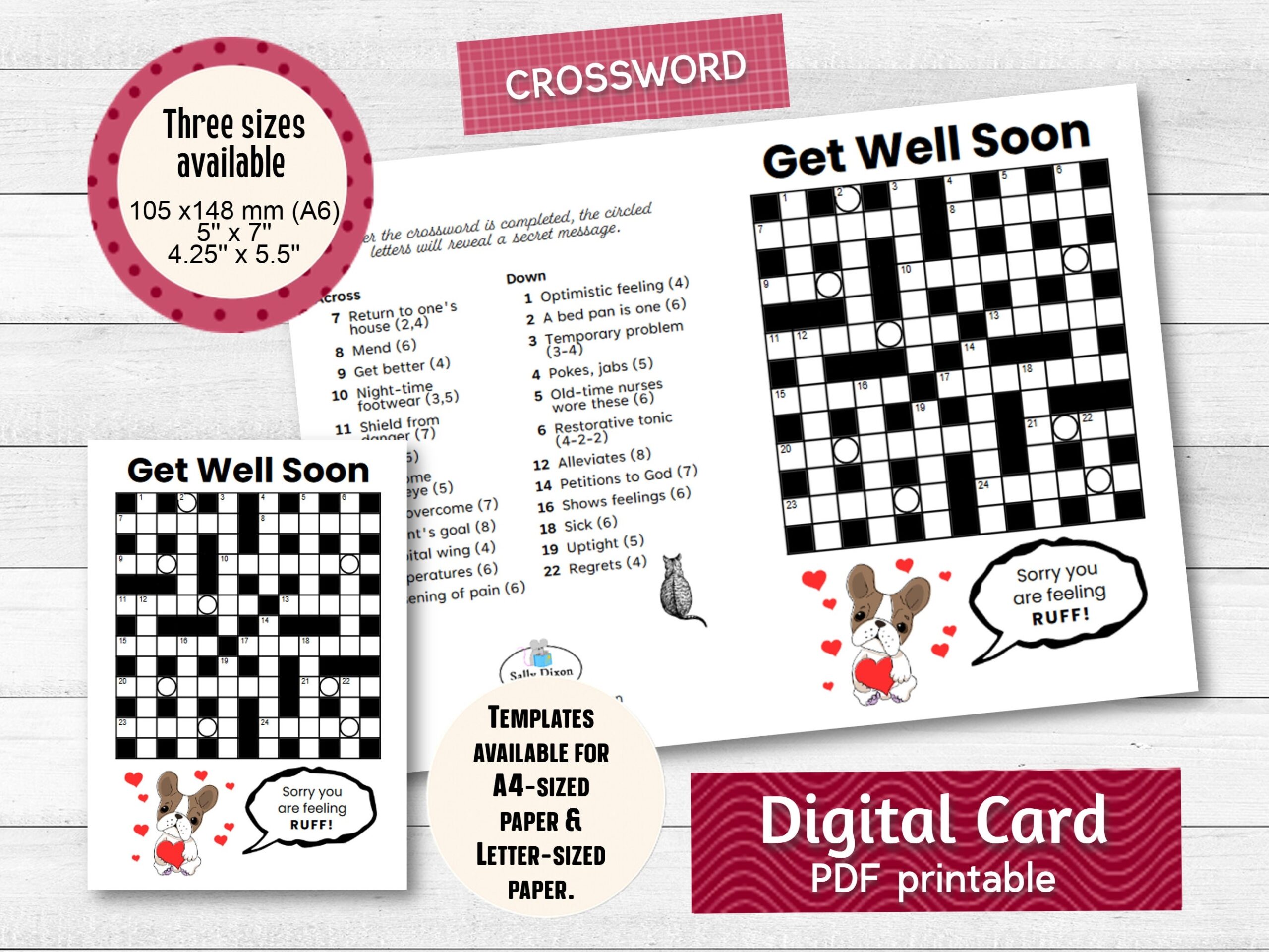 Get Well Soon Card Crossword Puzzle Puppy Dog Design PDF Digital Download Etsy