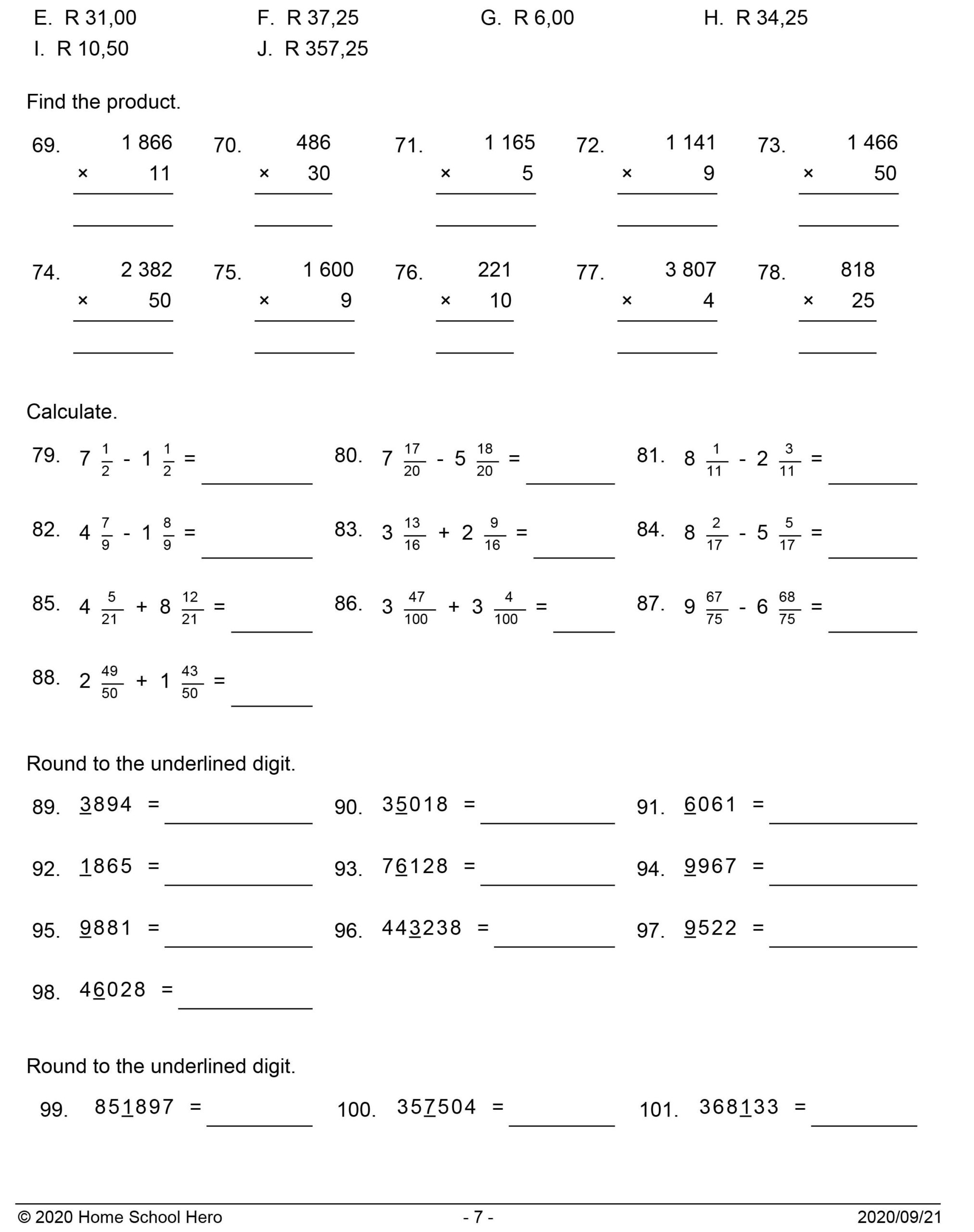 grade 6 math worksheet printable