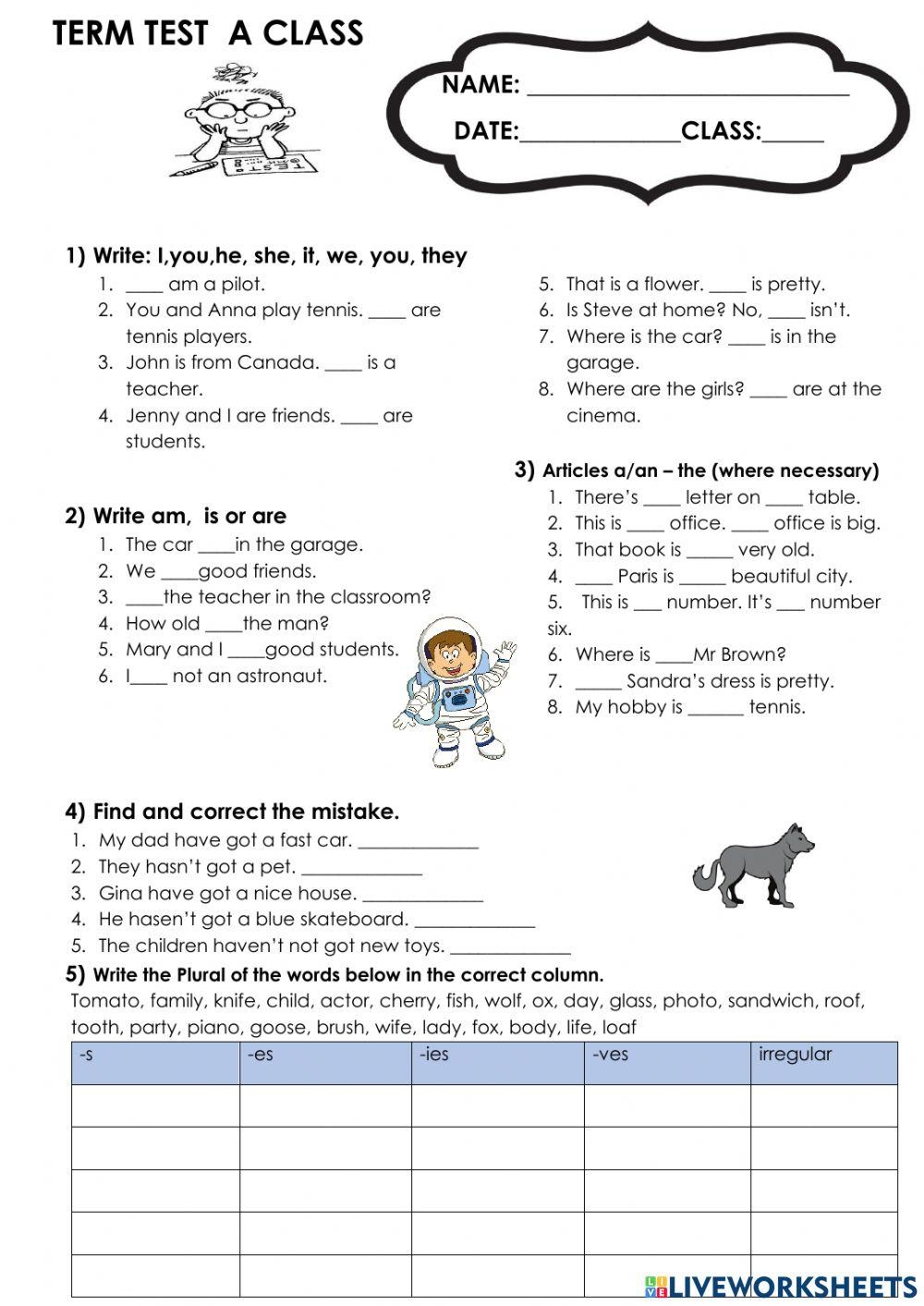 Grammar Test A 1 2 Worksheet Worksheets Library