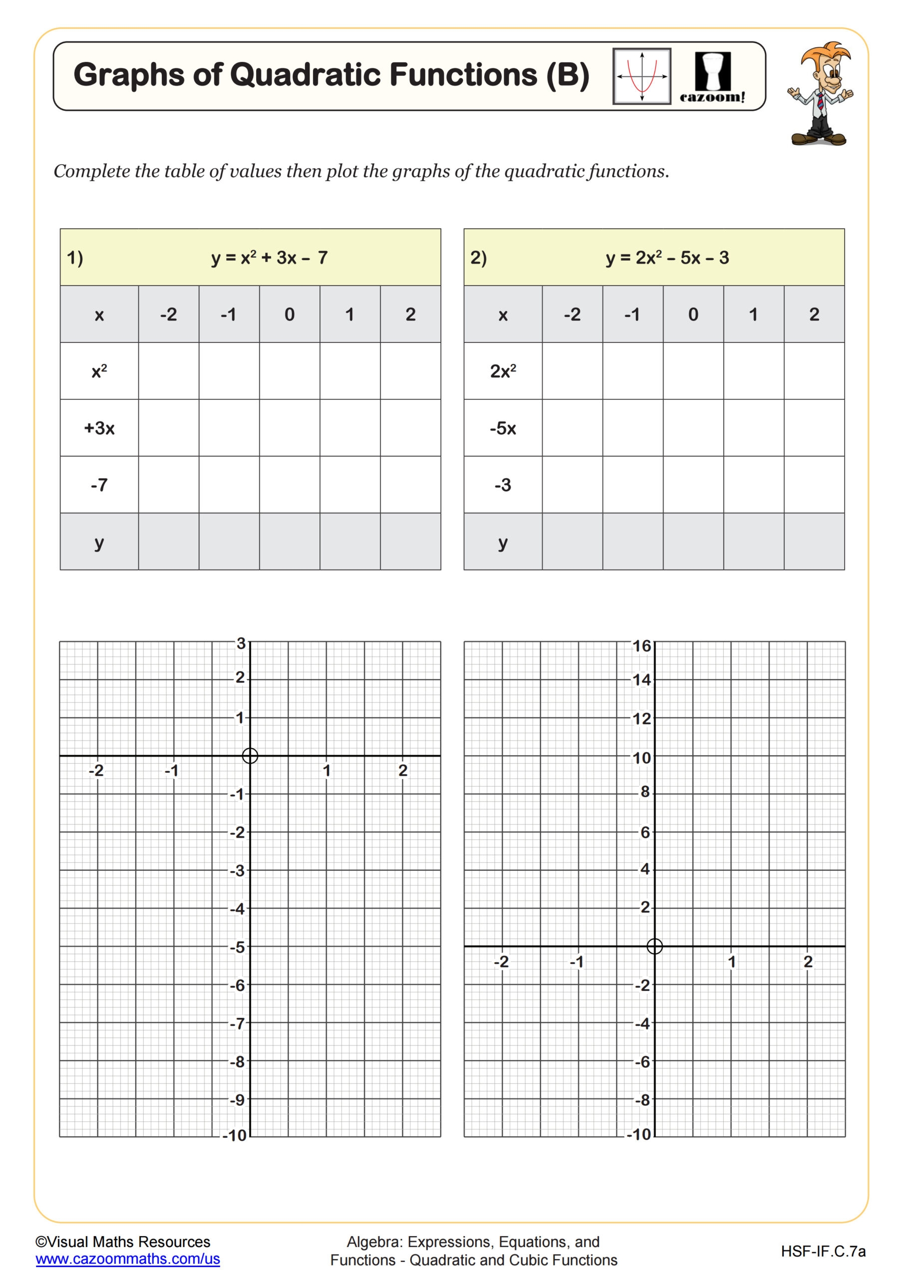 Graphs Of Quadratic Functions B Worksheet PDF Printable Algebra Worksheet Cazoom Math