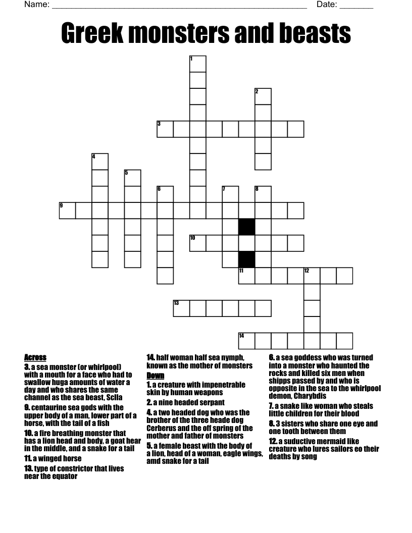Greek Monsters And Beasts Crossword WordMint