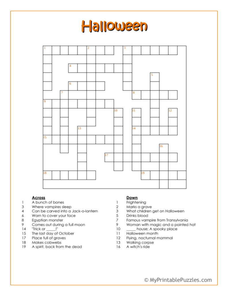 Halloween Crossword Puzzle Intermediate My Printable Puzzles