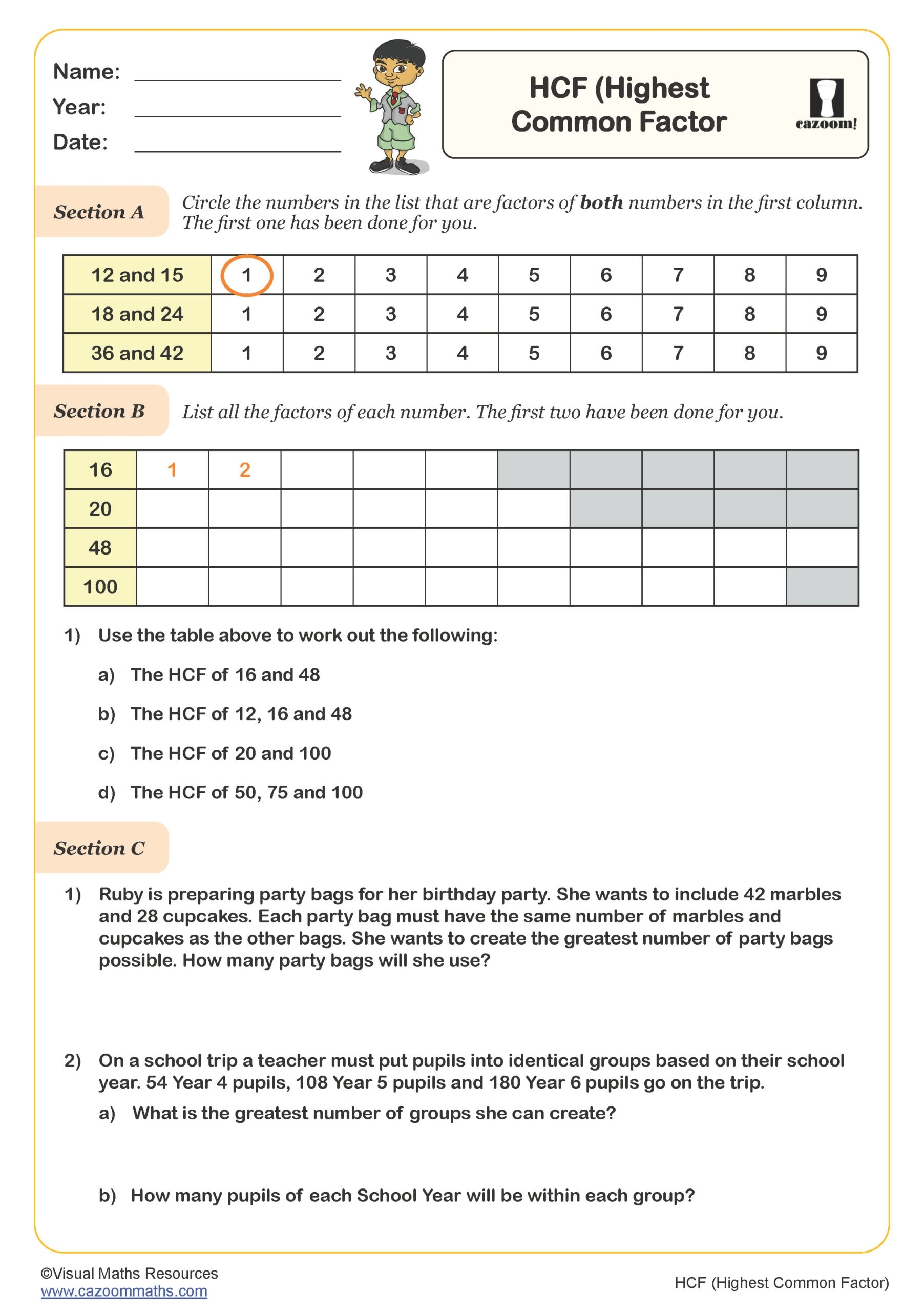 HCF Highest Common Factor Worksheet PDF Printable Number Worksheets