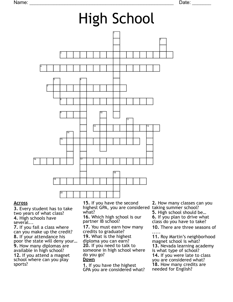 High School Crossword WordMint High School Crossword WordMint