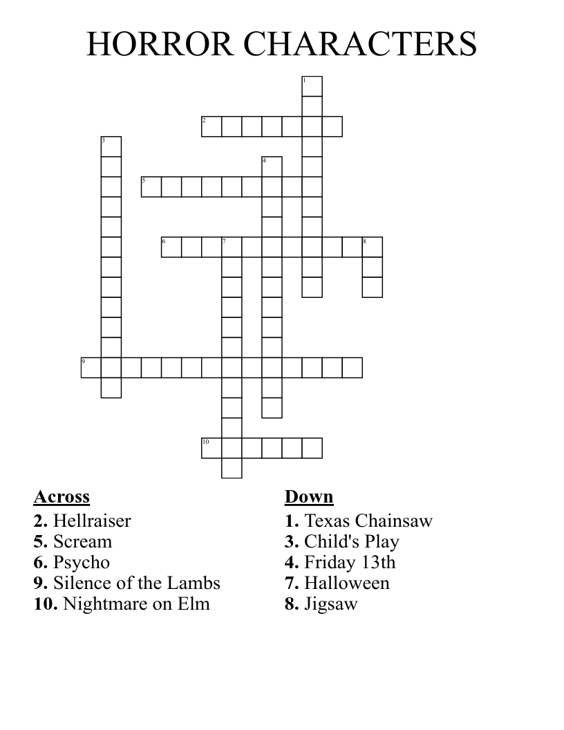 HORROR CHARACTERS Crossword WordMint