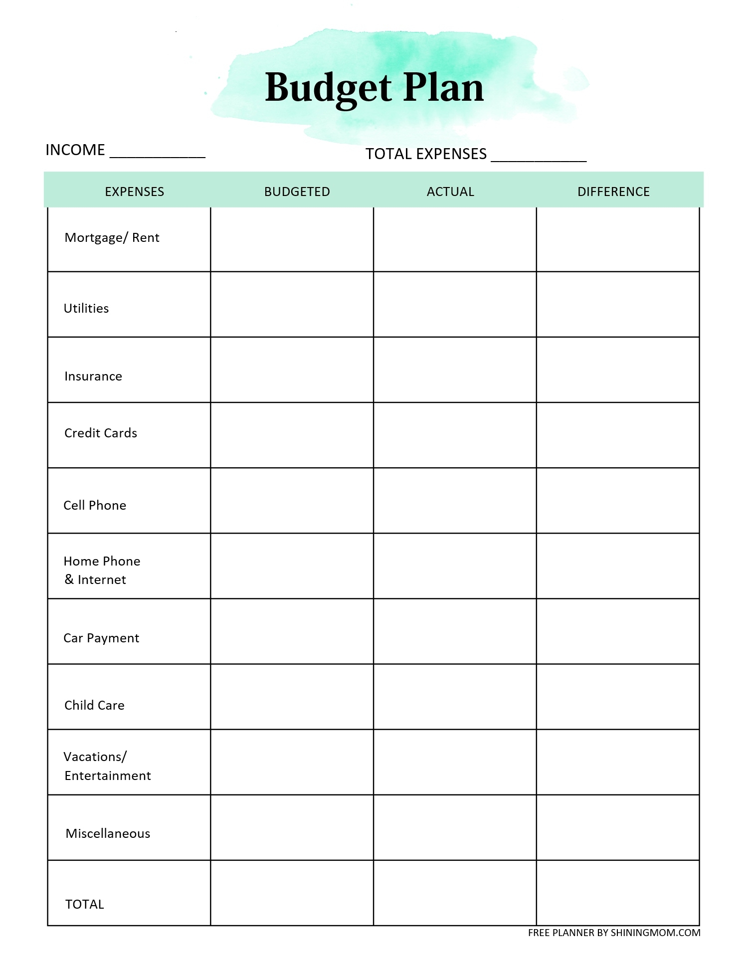 budget worksheet printable