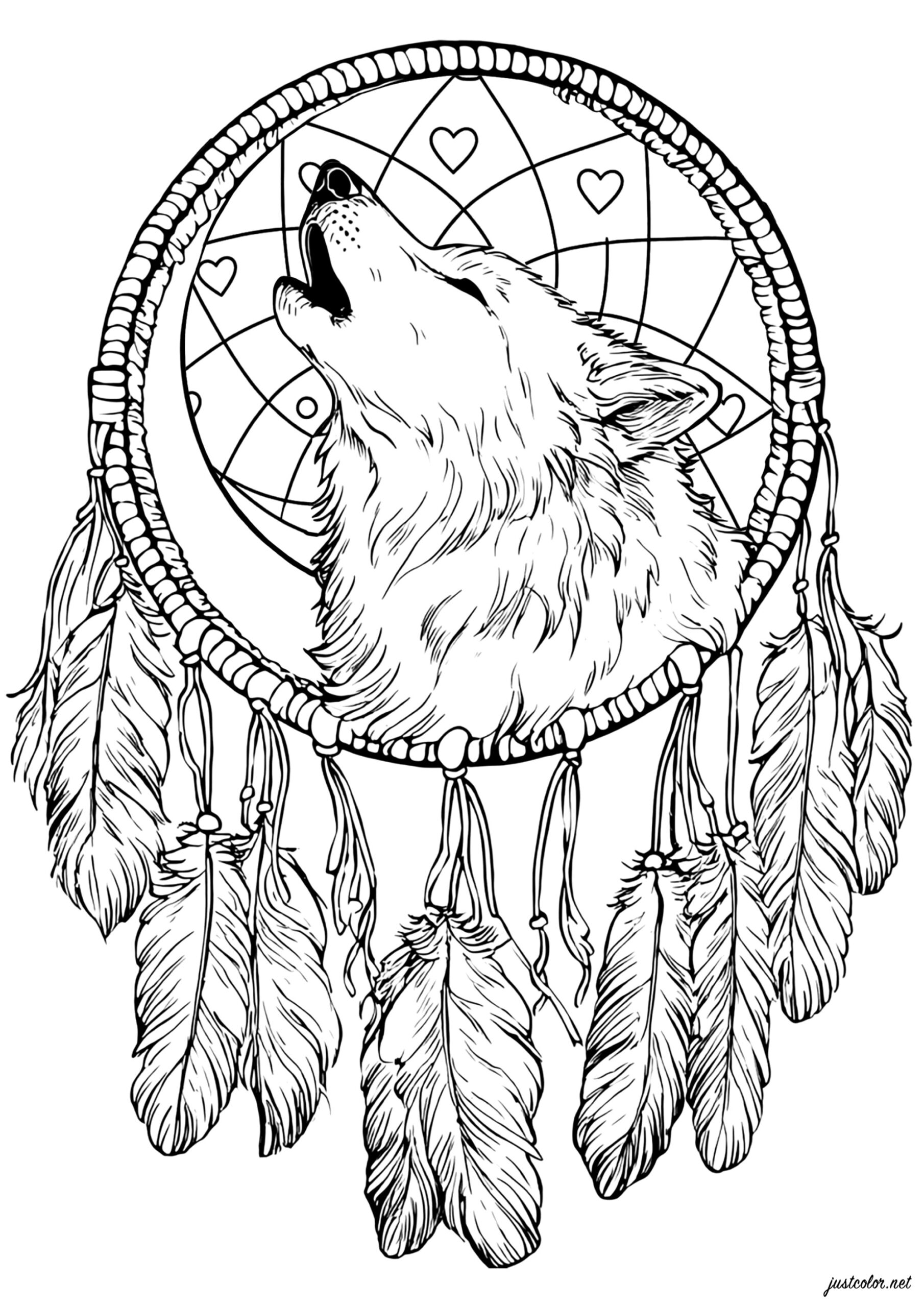 Howling Wolf With Dreamcatcher Dreamcatcher Coloring Pages For Adults