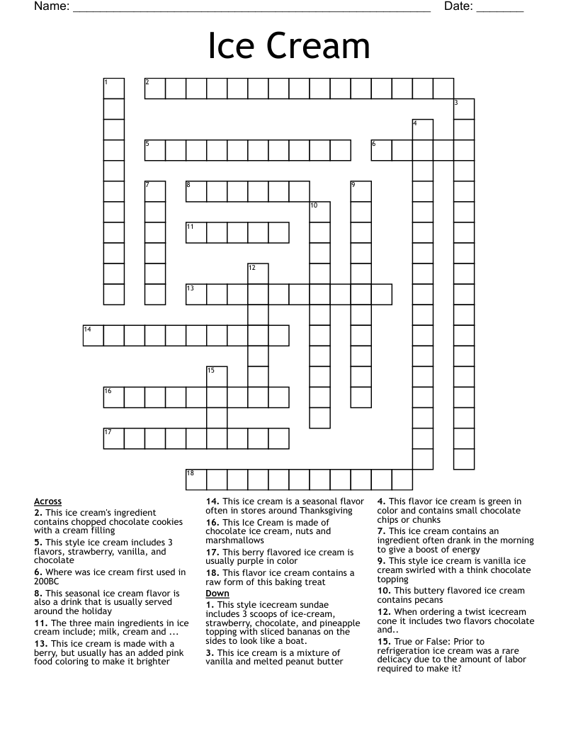 Ice Cream Crossword WordMint