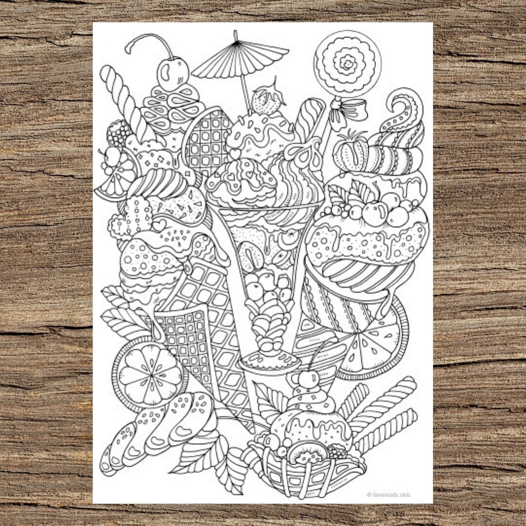 Ice Cream Printable Adult Coloring Page From Favoreads coloring Book Pages For Adults And Kids Coloring Sheets Coloring Designs Etsy
