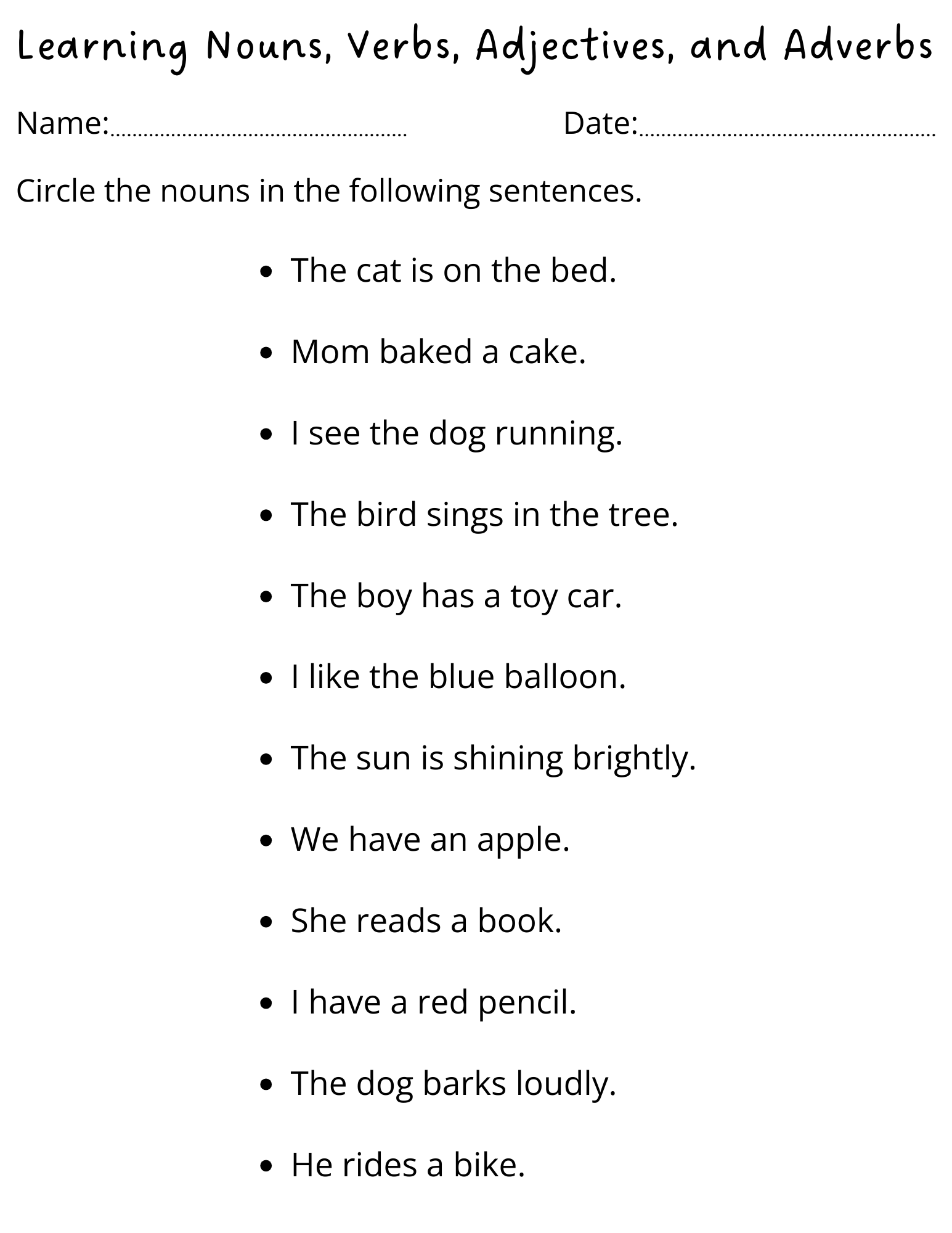 nouns and verbs worksheets