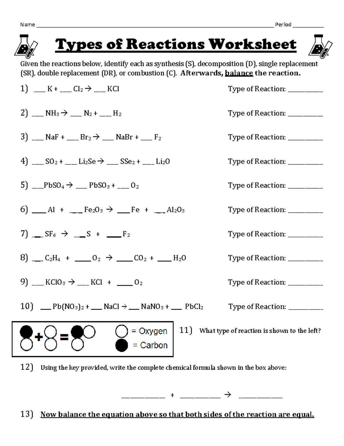 Identifying Types Of Chemical Reactions And Balancing Worksheet 1 Studocu