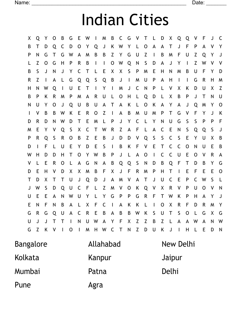 Indian Cities Word Search WordMint Indian Cities Word Search WordMint