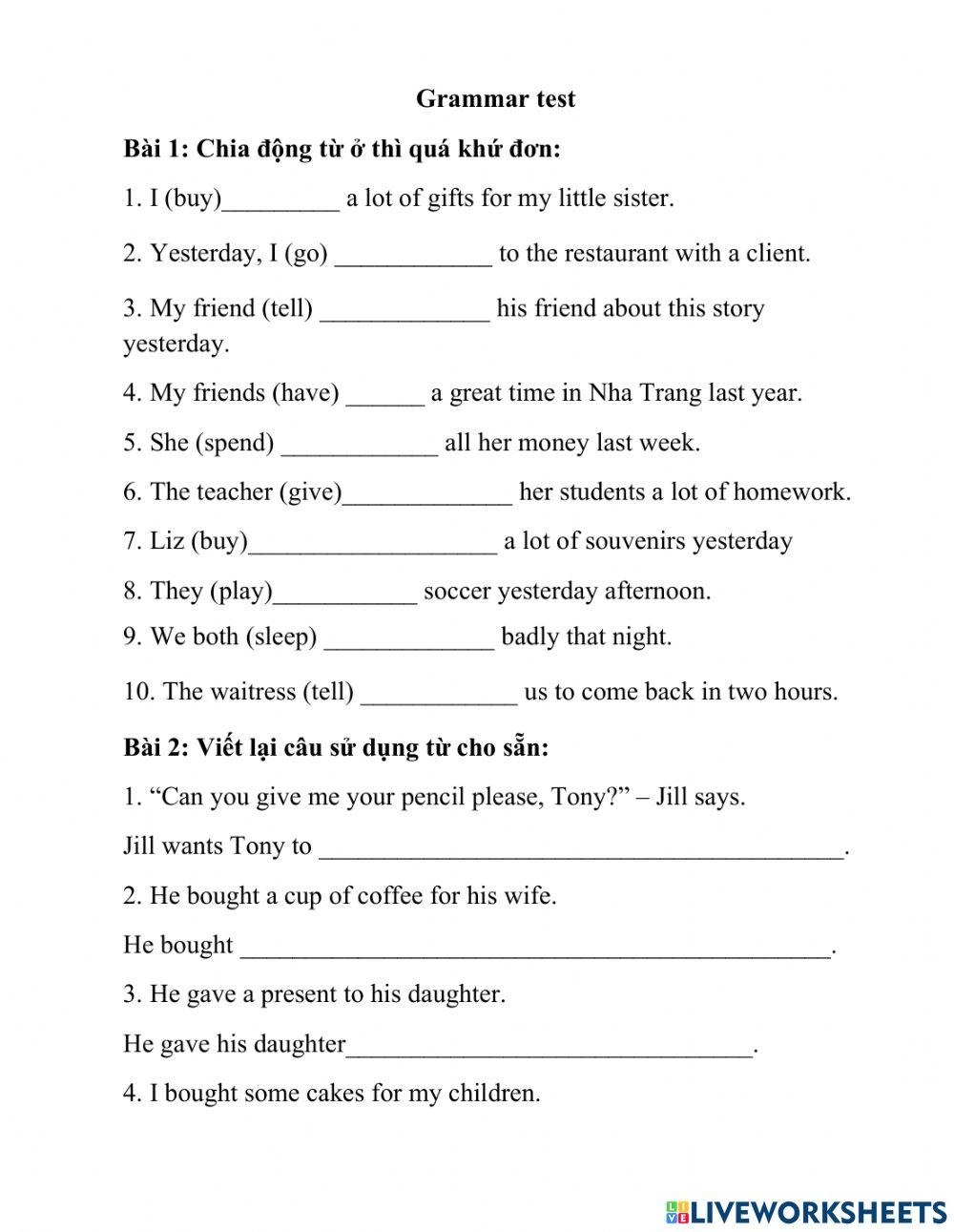 grammar test infant 2 liveworksheets
