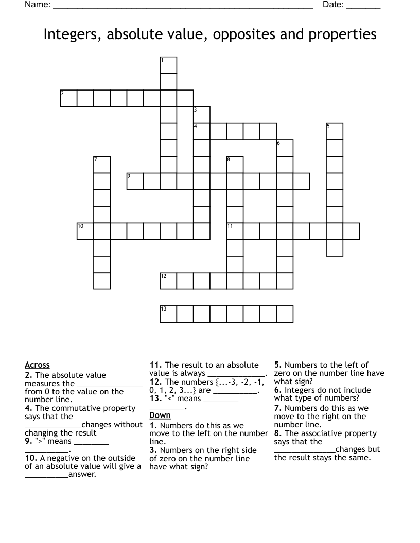 Integers Absolute Value Opposites And Properties Crossword WordMint Integers Absolute Value Opposites And Properties Crossword WordMint