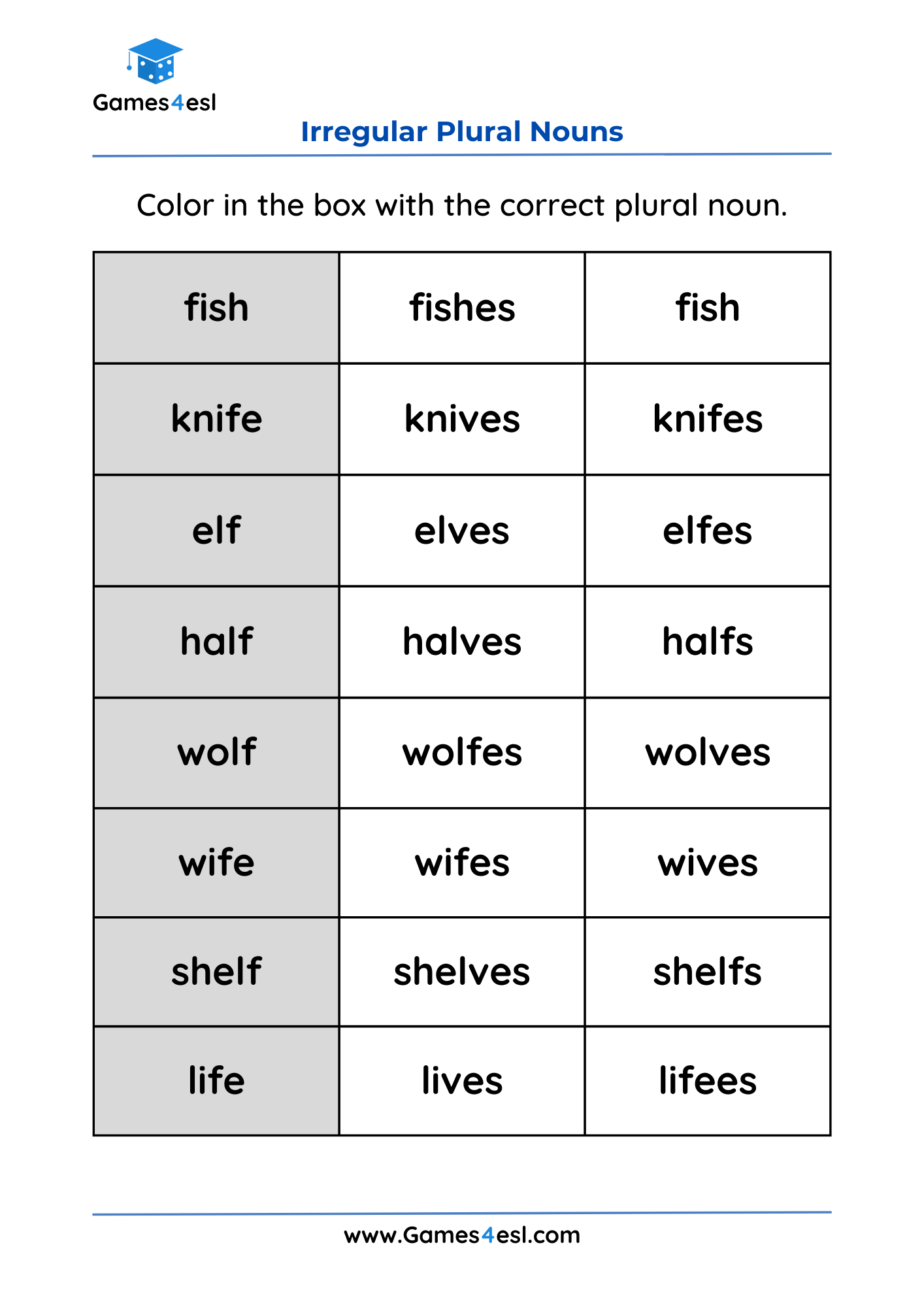 Irregular Plural Noun Worksheets Games4esl