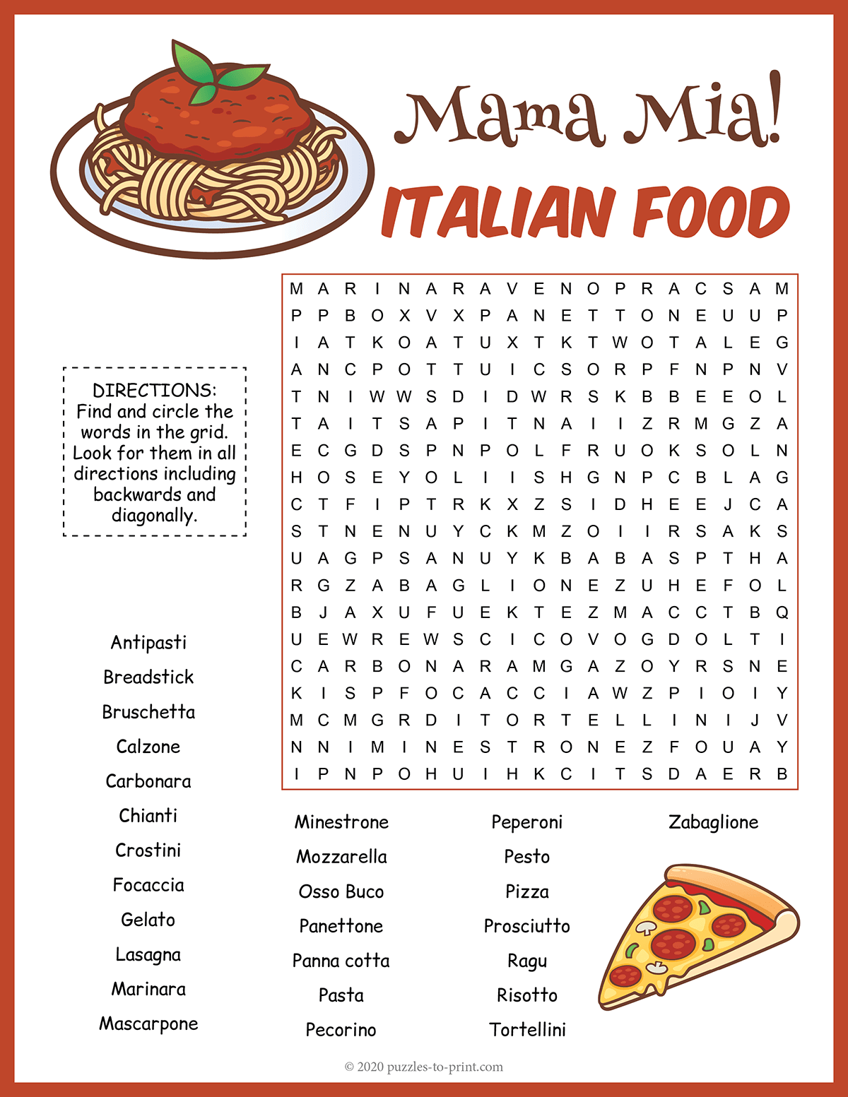 Italian Food Word Search