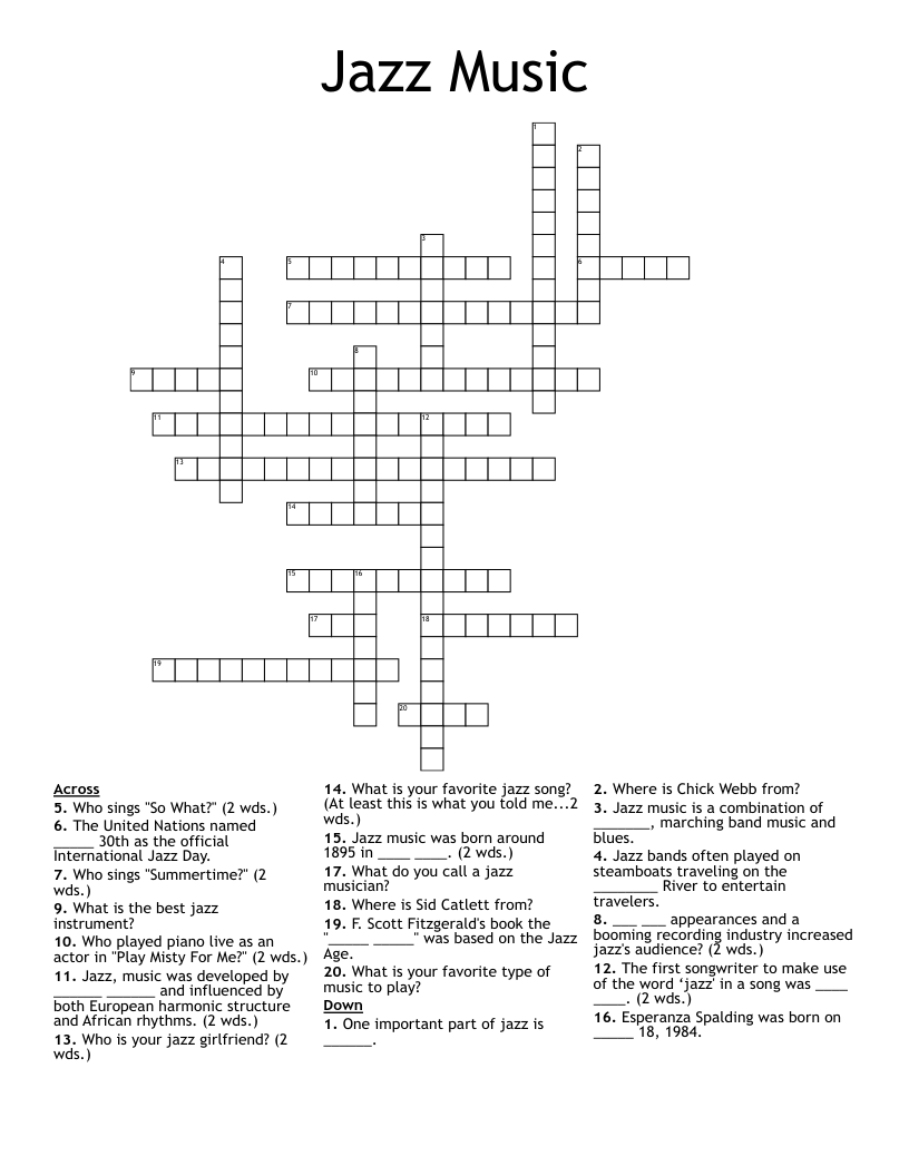Jazz Music Crossword WordMint