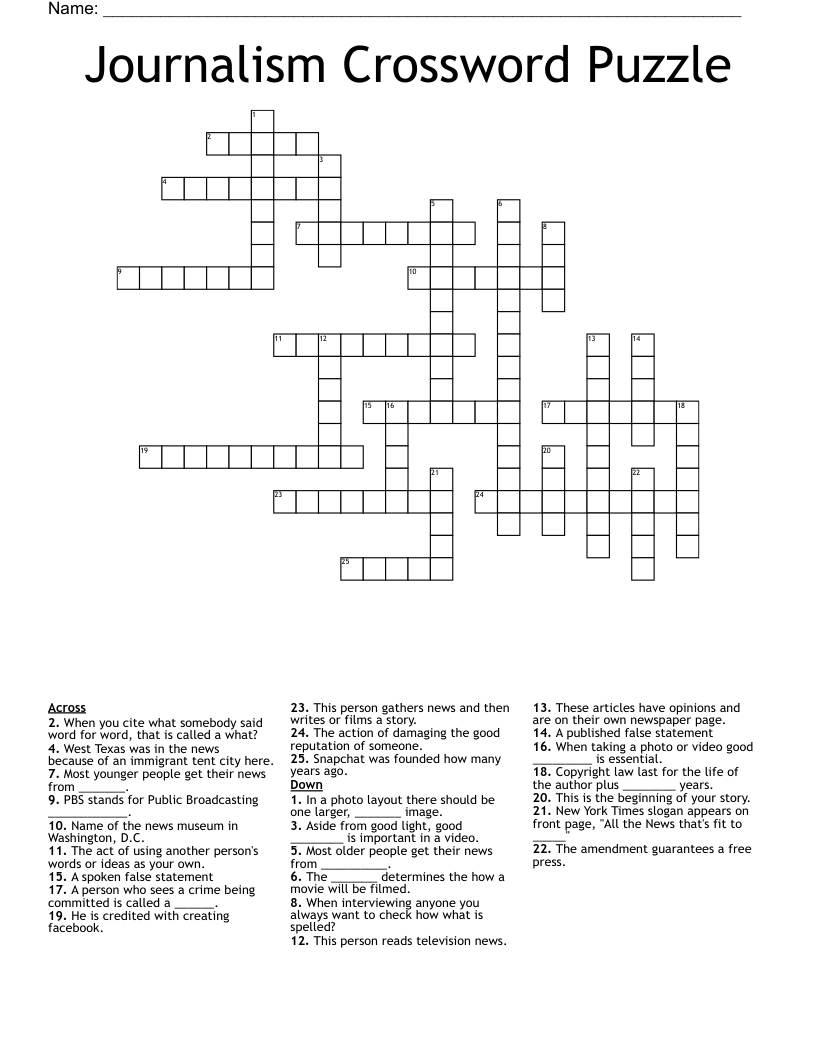 Journalism Crossword Puzzle WordMint