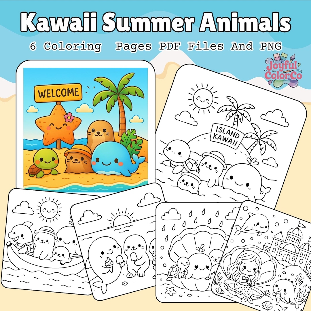 Kawaii Summer Animal Coloring Pages Ocean Beach Theme PDF PNG Downloadable Activity Book Etsy