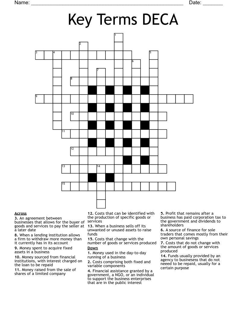 Key Terms DECA Crossword WordMint