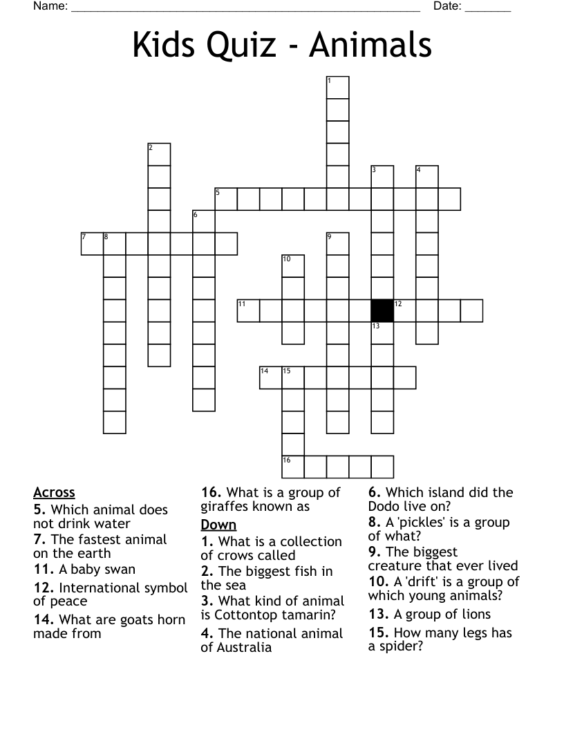 Kids Quiz Animals Crossword WordMint