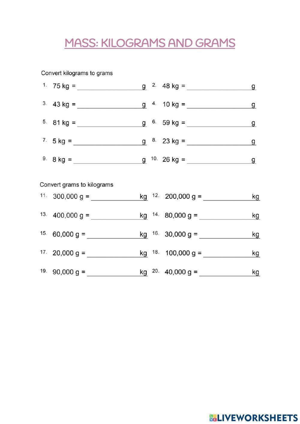 mg g and kg worksheet