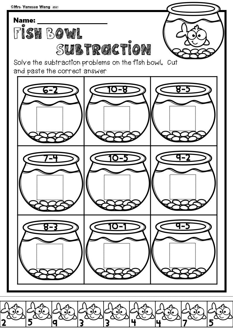 Kindergarten Math Worksheets Cut And Paste Subtraction Distance Learning Etsy