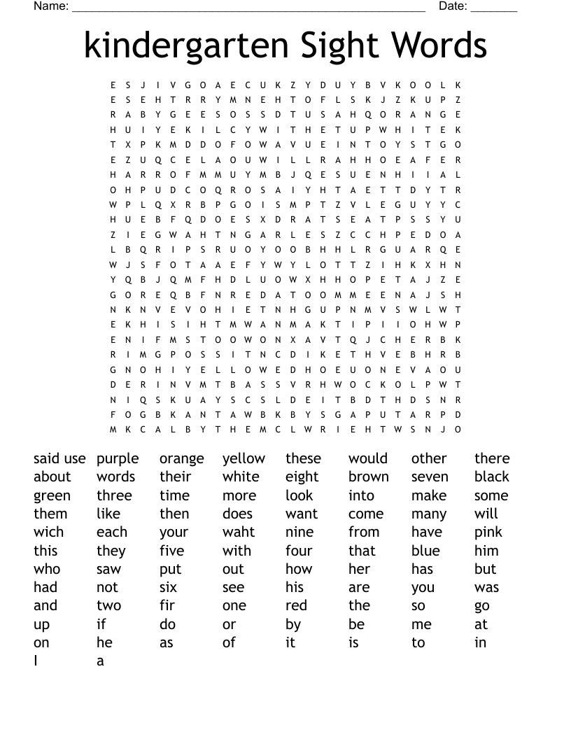 Kindergarten Sight Words Word Search WordMint