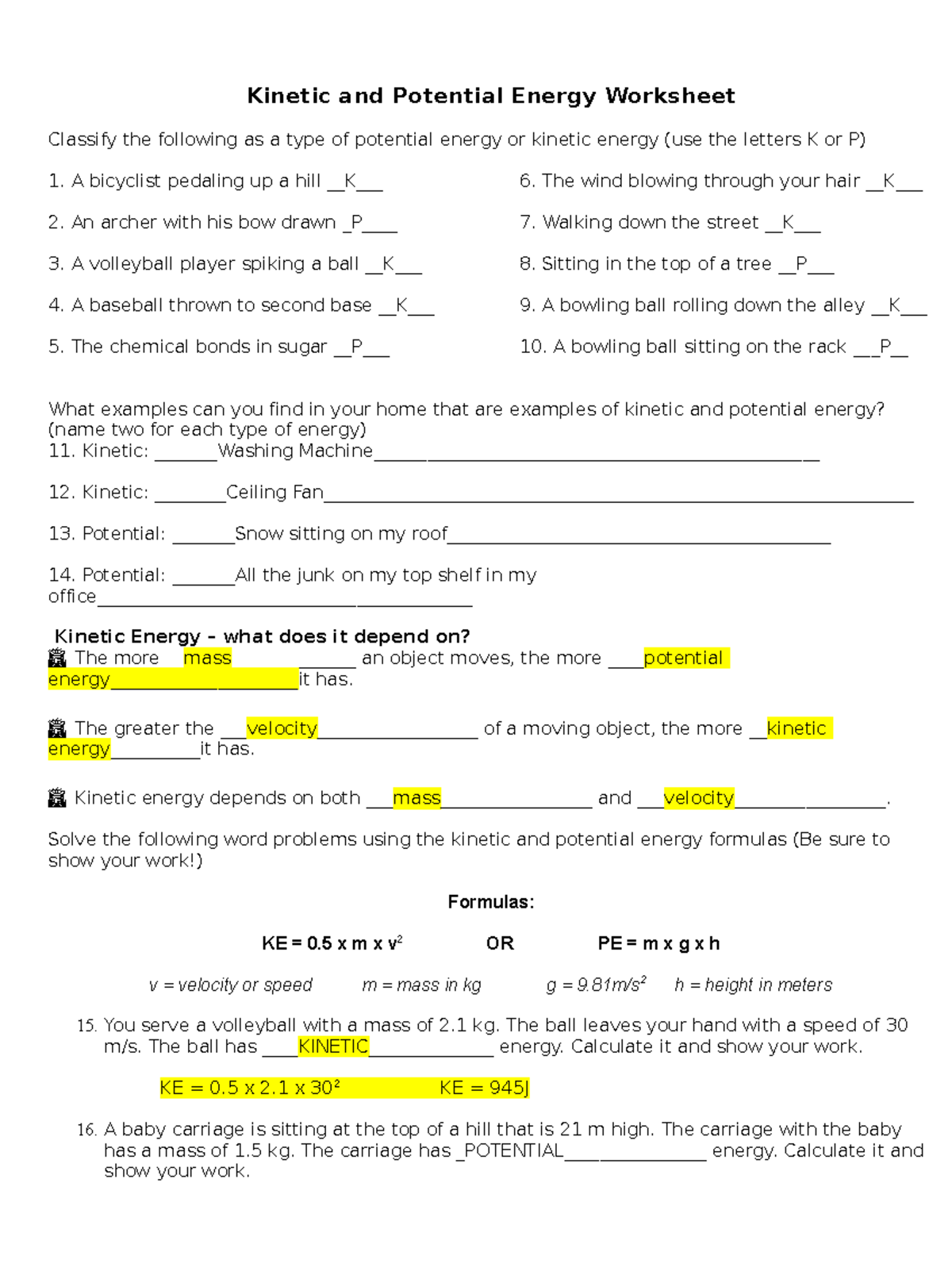 kinetic and potential energy worksheet