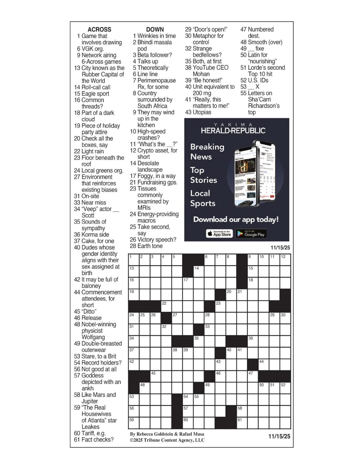 LA Times Crossword Nov 15 2025 Crosswords Yakimaherald