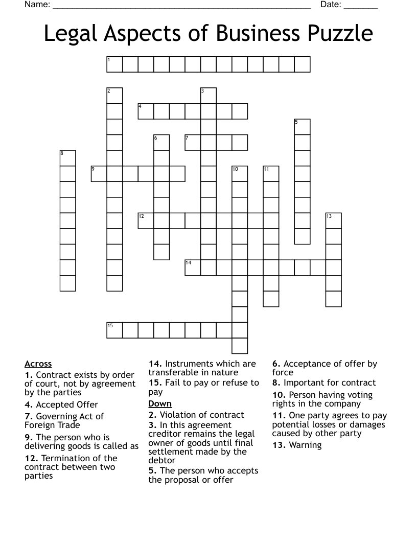 Legal Aspects Of Business Puzzle Crossword WordMint