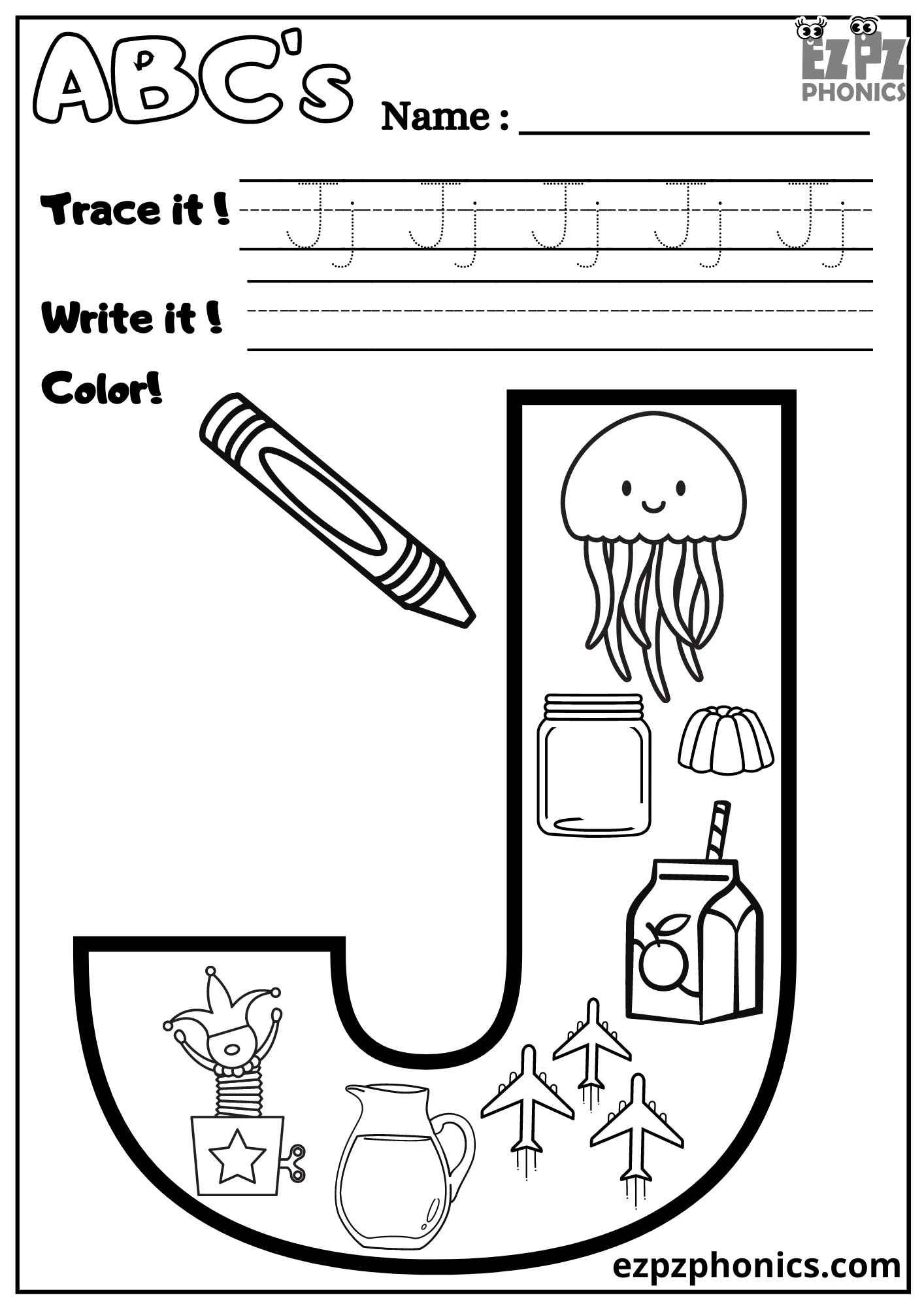 Letter J Trace Write And Color Ezpzphonics Letter J Trace Write And Color Ezpzphonics
