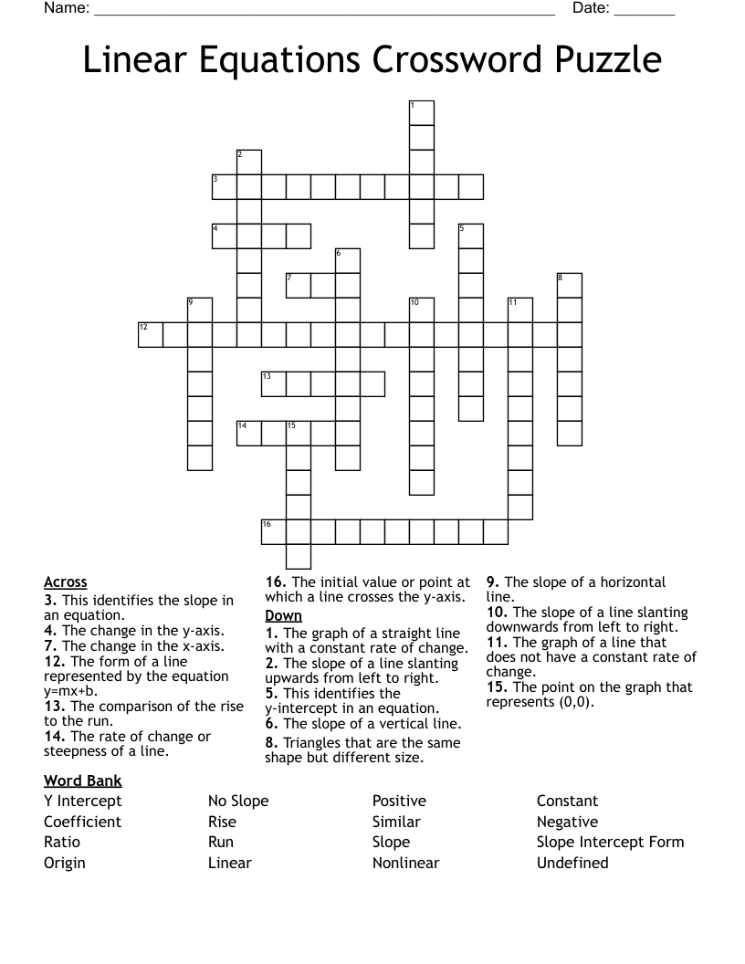 Linear Equations Crossword Puzzle WordMint