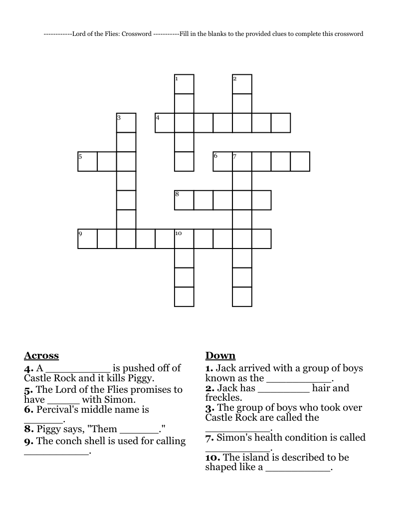 Lord Of The Flies Crossword Fill In The Blanks To The Provided Clues To Complete This Crossword WordMint Lord Of The Flies Crossword Fill In The Blanks To The Provided Clues To Complete This Crossword WordMint