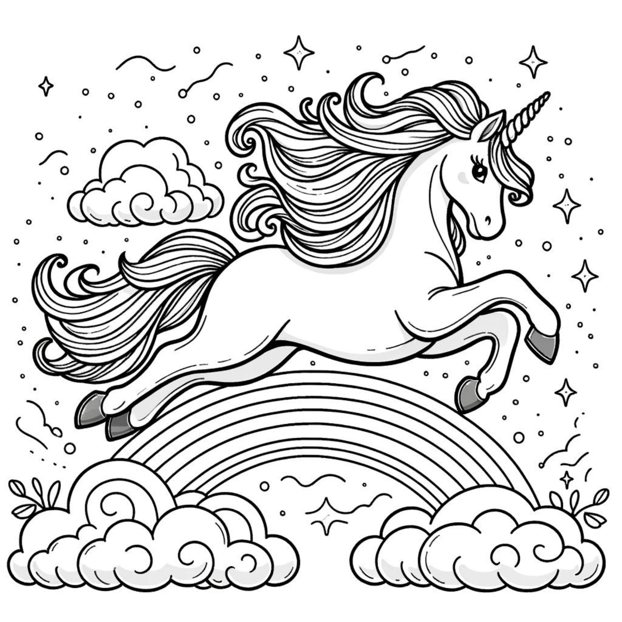 Magical Unicorn Coloring Pages Printable Leaping Unicorns With Stars Clouds And Rainbow Kids Whimsical Coloring Book Art Etsy New Zealand