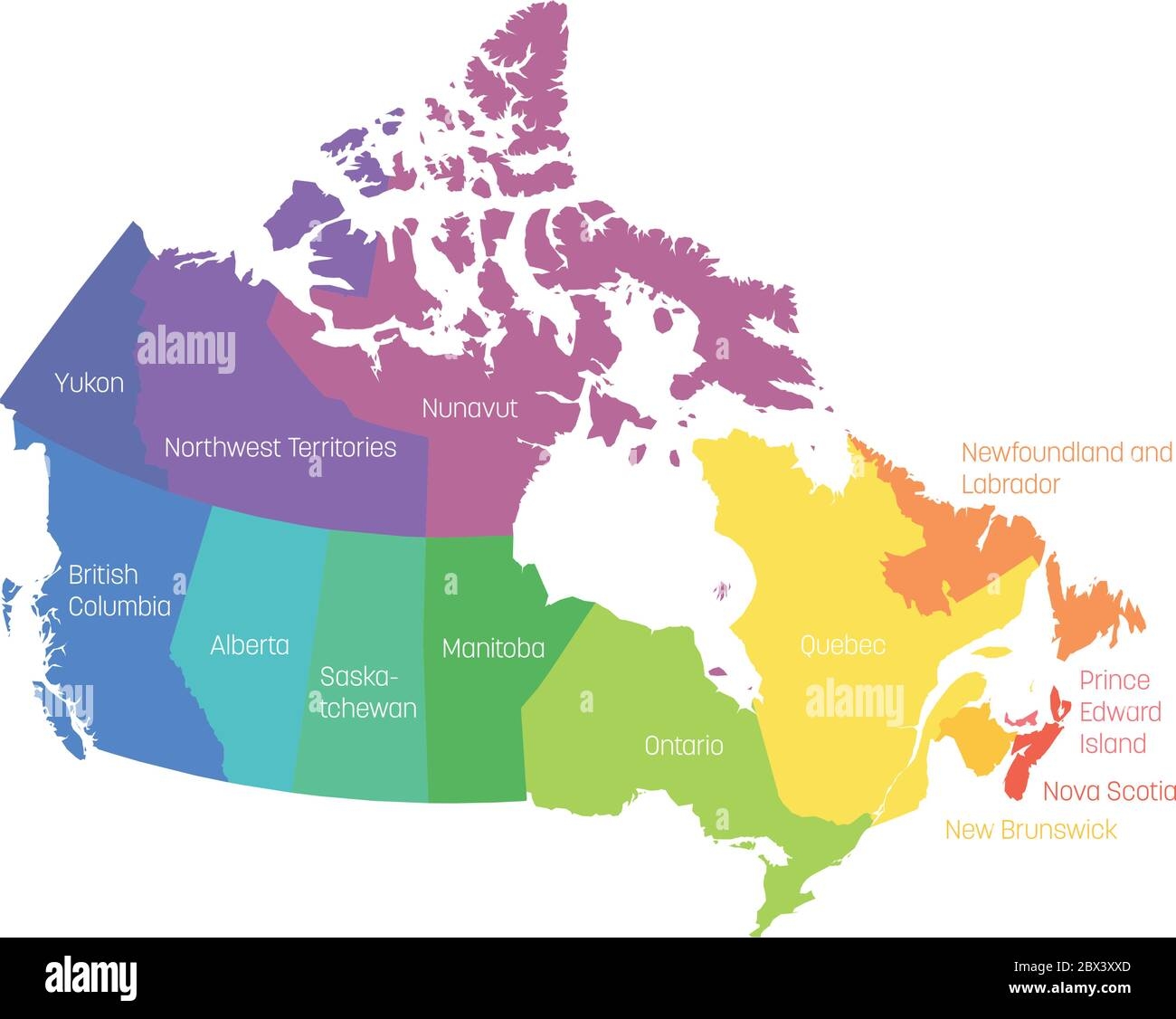 Map Of Canada Divided Into 10 Provinces And 3 Territories Administrative Regions Of Canada Multicolored Map With Labels Vector Illustration Stock Vector Image Art Alamy