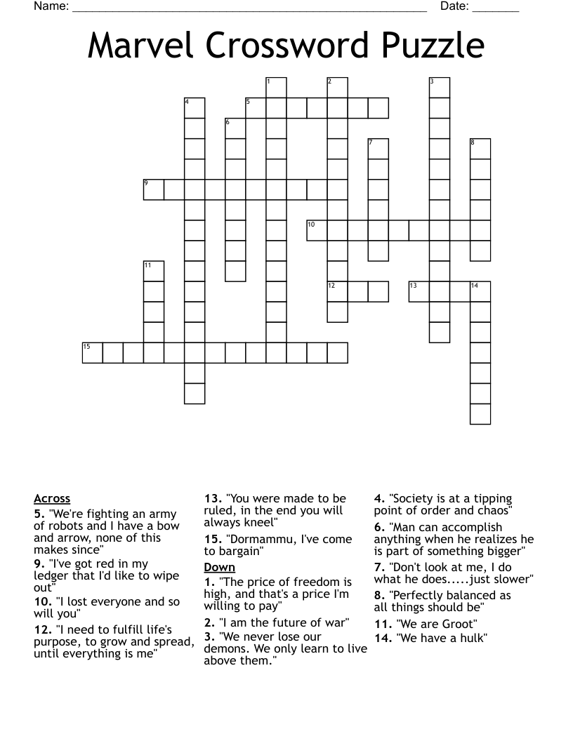 Marvel Crossword Puzzle WordMint Marvel Crossword Puzzle WordMint