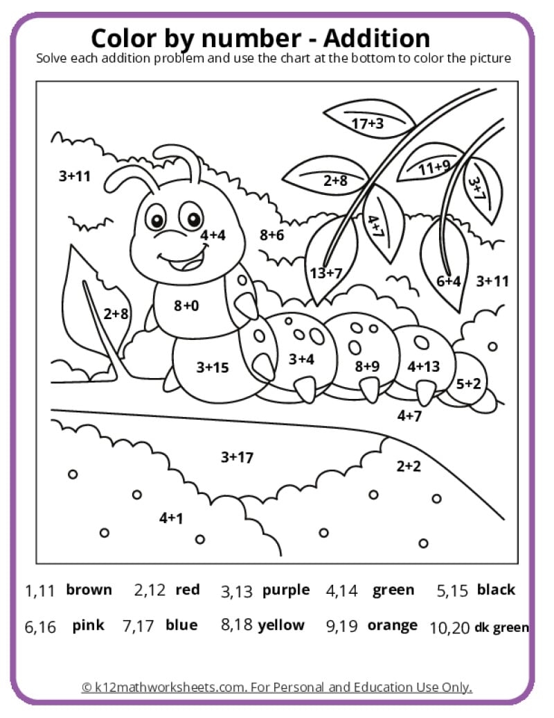 colour by number addition worksheets