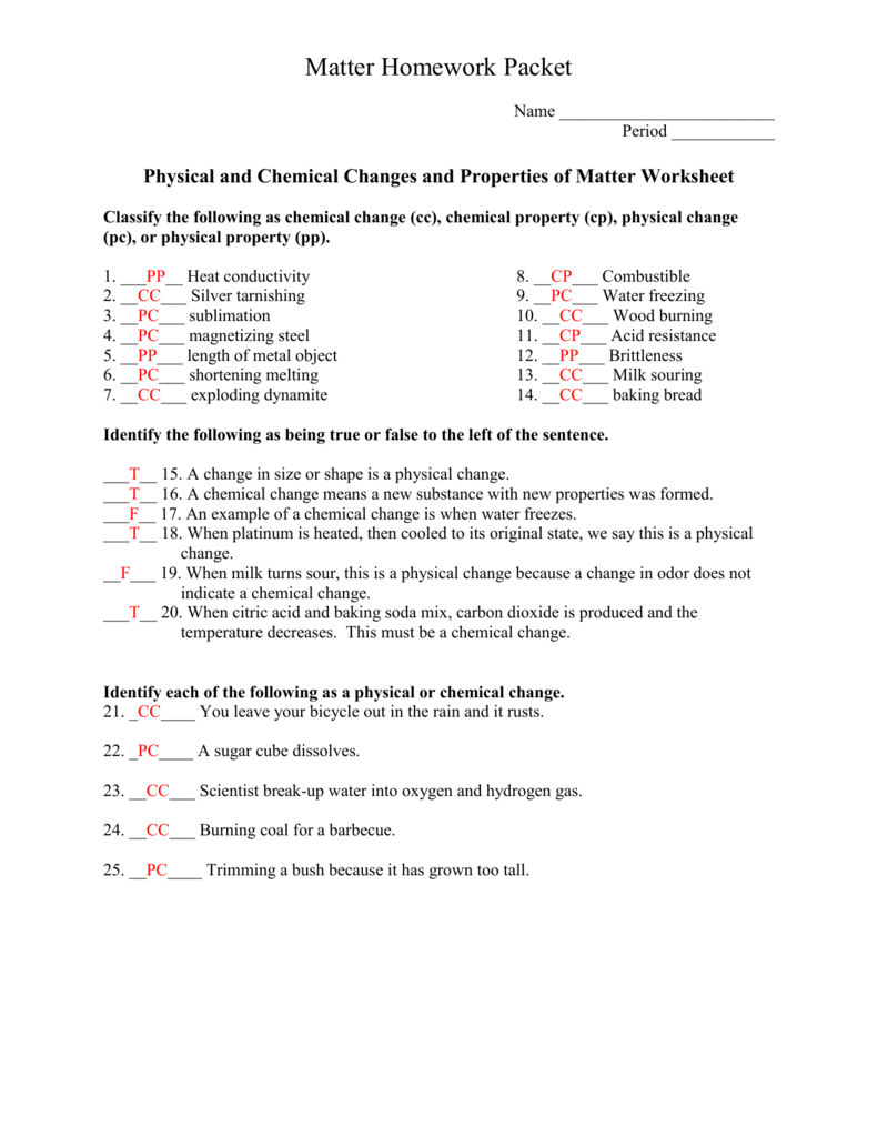 physical and chemical changes worksheet