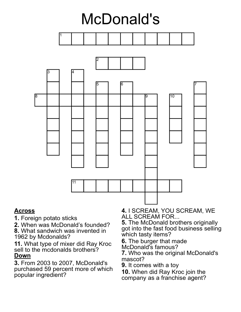 McDonald s Crossword WordMint